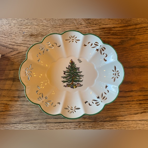 ITB VINTAGE SPODE CHRISTMAS TREE PIERCED OVAL FLUTED DISH NEW IN BOX - Picture 2 of 6